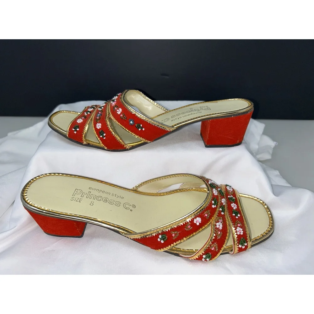 Vtg Princess C. European Style Chinese Velveteen Handmade Shoes Slides Heels 8 - Picture 10 of 12